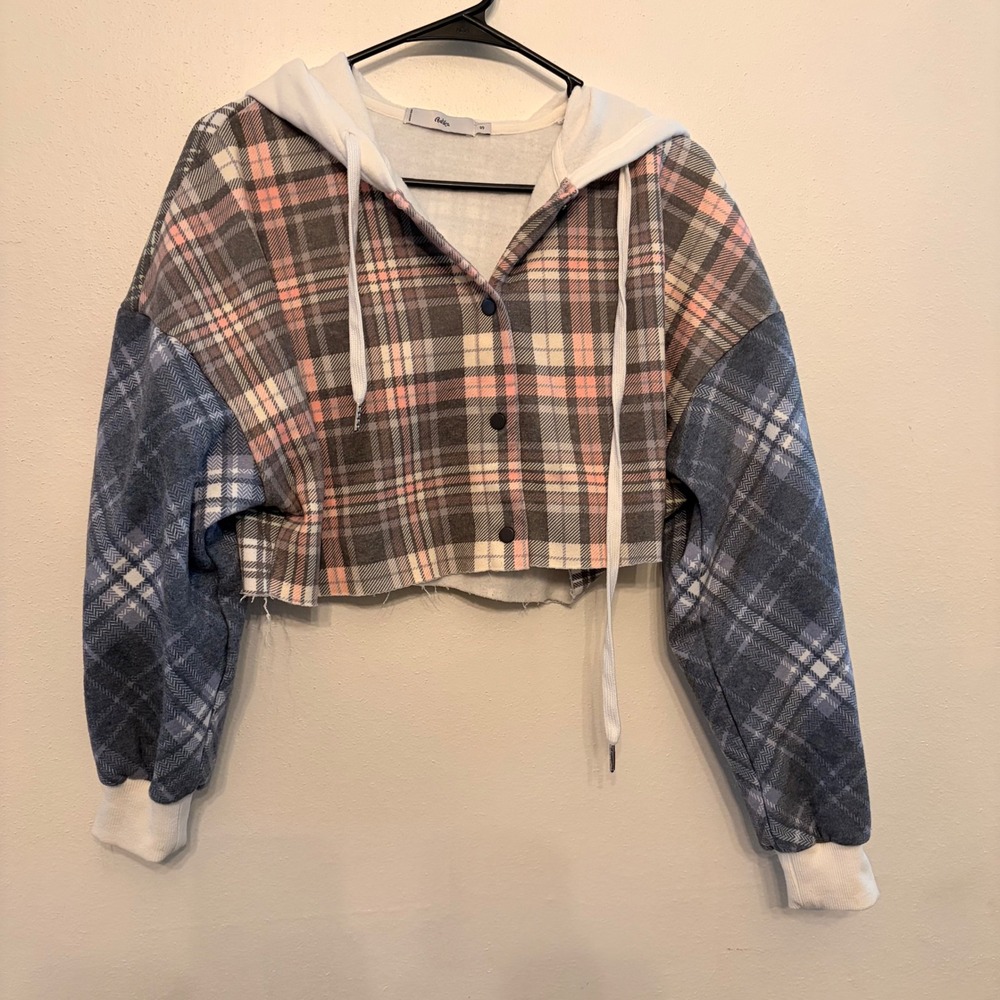 Adika Plaid Cropped Hoodie Womens Small Grey Pink Patchwork Button  STREETWEAR